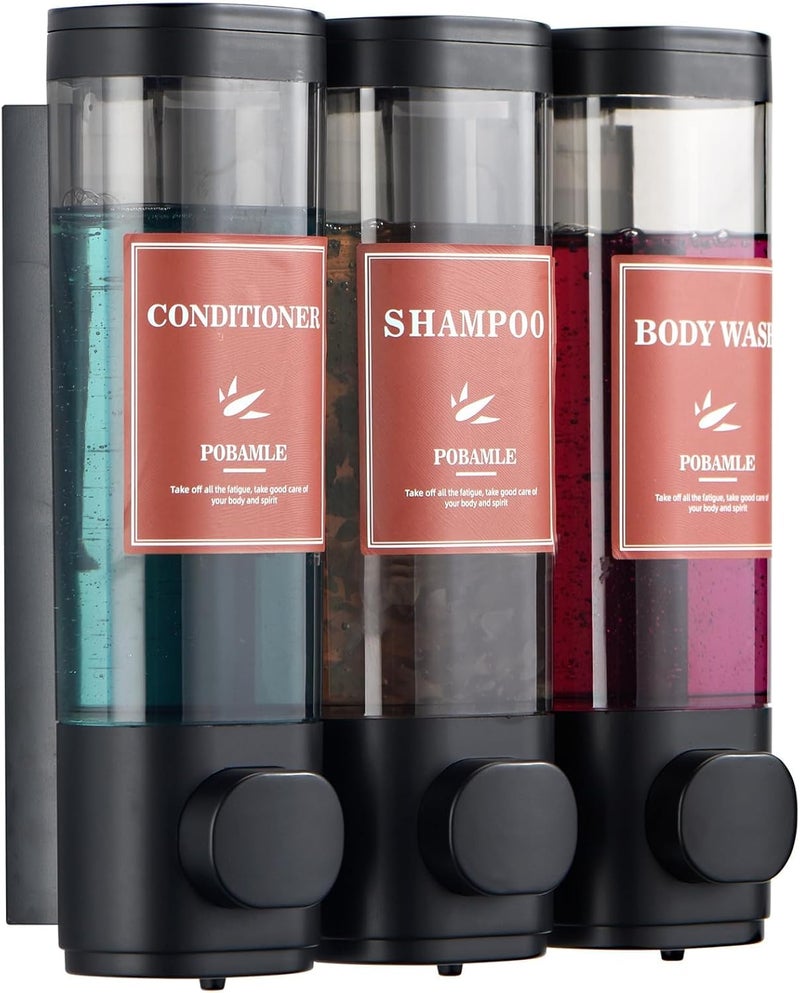 POBAMLE Shampoo and Conditioner Dispenser Wall Mounted Shower Soap Dispenser No Drill Shampoo Dispenser for Shower 3 Chamber Bathroom Body Wash Shower Gel Holder Black - Image 1
